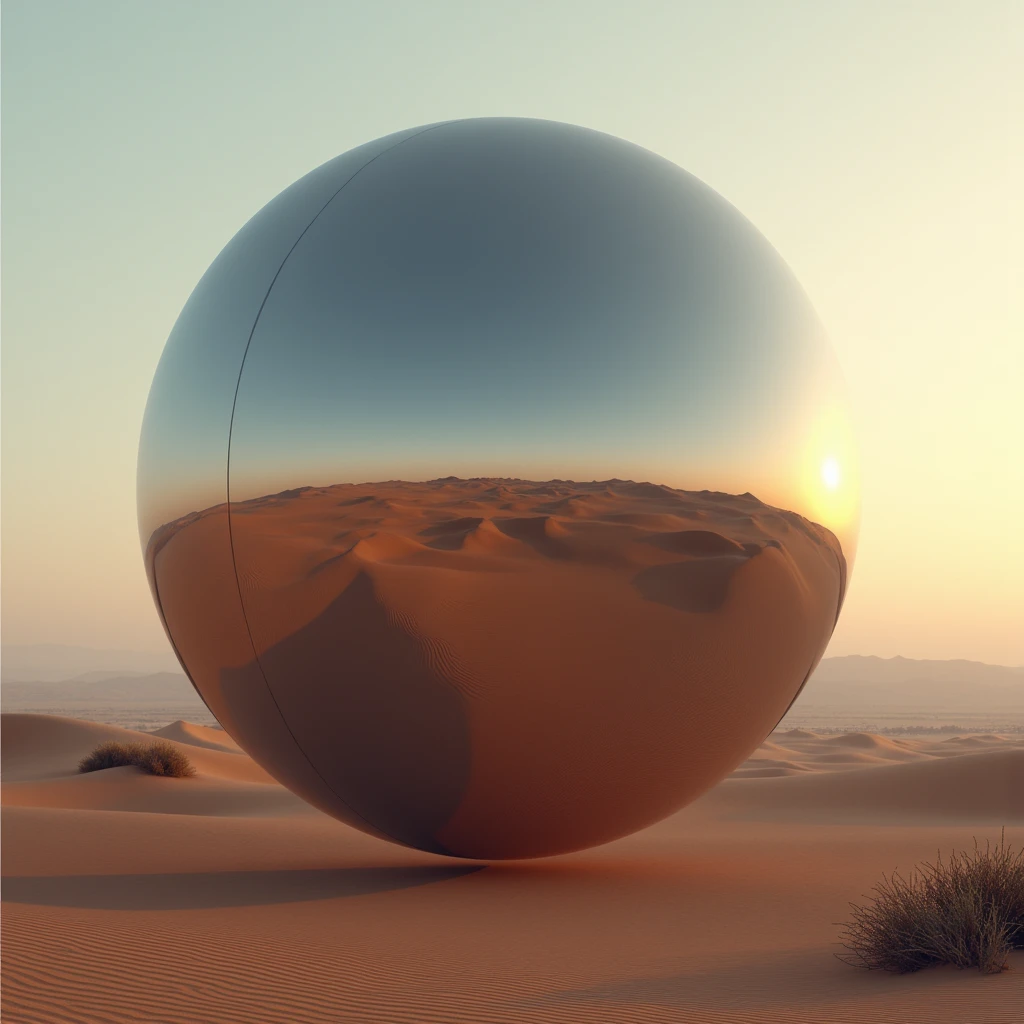 A massive mirrored sphere hovers above the desert floor at eveninng, photo realistic