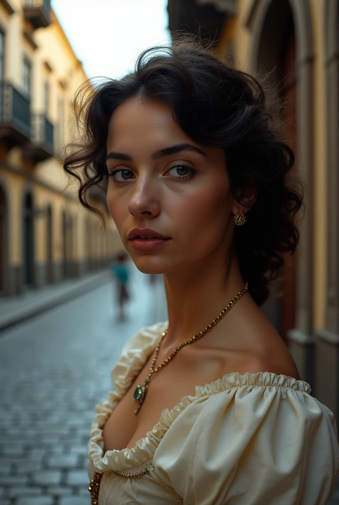 (a closeup of a beautiful  on a 19th century street in a vintage dress), (Serious:0.5), (Highly detailed face:1.4), ass pov, Nikon D850, film stock photograph, 4 Kodak Portra 400, camera f1.6 lens, saturated colors, hyper realistic, lifelike texture, dramatic lighting, Cinestill 800, 19th-century Victorian style, Evening, Vintage lighting, Medium curly hair