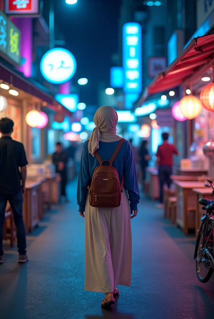Ultrawide shoot photography (Back view) A woman wears a faded cream colored pashmina hijab, blue long-sleeved shirt, aida backpack, long cream colored skirt, and sandals. I was walking and looking at the shops in Itaewon Korea at night. Vibrant blue and purple hues