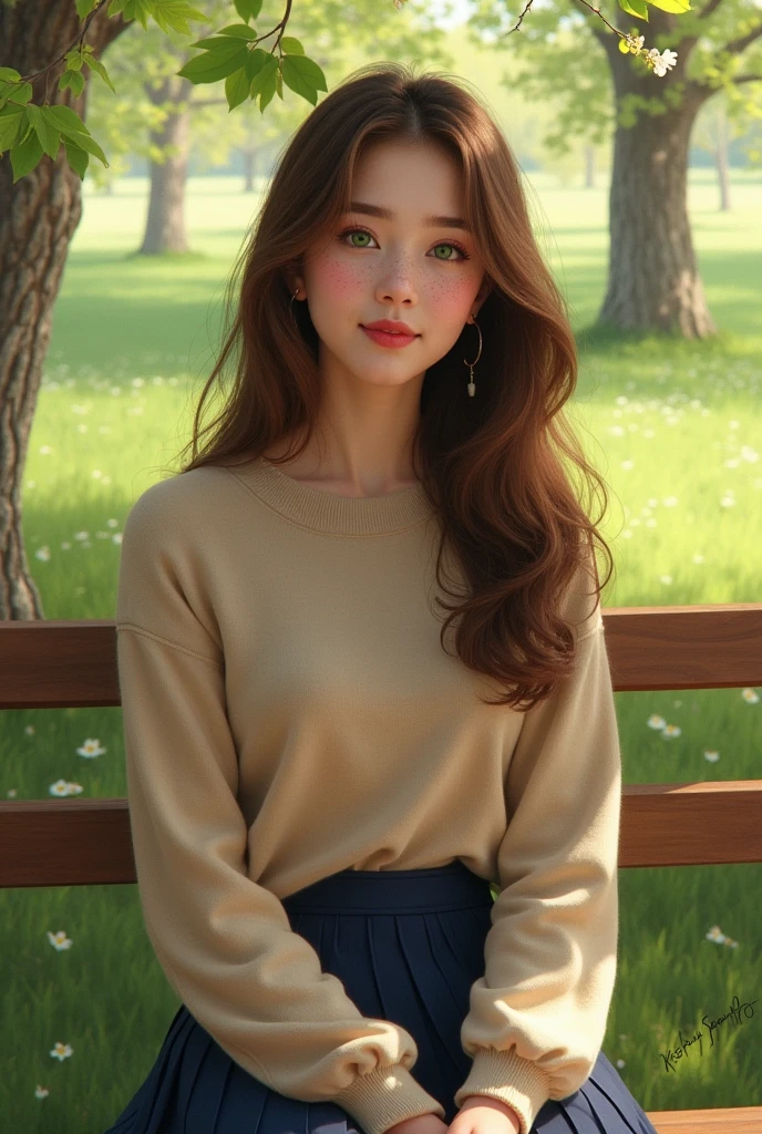 Créez une image réaliste d'une jeune fille d'environ . She has long, slightly wavy brown hair., des yeux verts éclatants et une peau claire avec des taches de rousseur. She wears a sweet and natural smile. The girl is wearing a beige wool sweater and a navy blue pleated skirt.. Elle est assise sur un banc en bois dans un parc, surrounded by trees in full spring bloom. The sun shines through the leaves, creating beautiful patterns of shadows and lights on his face.