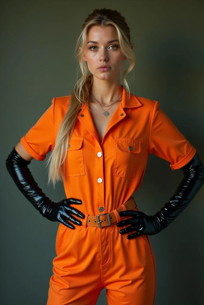Frontal photograph of a beautiful young model with long a blonde medium length pulled back ponytail hair wearing a sexy synthetic orange prisoner jumpsuit, inmate jumpsuit, button-up, sexy view, hands holding her hips sideway, hands at her sides, wearing a tight black stylish belt, high black boots, wearing tight high black latex gloves until her elbow, sleeves, sexy pose, very attractive look, skinny, anorexia, thin and athletic body, (thin girl 1:5), short sleeves, supermodel face and body, brown eyes, long pants, hands at her front, elastane synthetic orange prisoner jumpsuit, jumpsuit made of elastic spandex, jumpsuit has 4 visible silver buttons, her belt is made of stylish leather, elastic jumpsuit, jumpsuit is not tight on body, slim, (perfect Hands), (blonde medium straight ponytail hair:1.2), (wasp waist:1.3), big heavy black stylish designer belt of leather, light blonde hair, a lot of cringles and creases on the jumpsuit, light blonde hair, sporty ponytail, short sleeves, sexy model pose, she is highlighting her but in her pose, looking at viewer like she wants sex, 70's prisoner jumpsuit, 80's orange prison jumpsuit, 90's prisoner jumpsuit, Soviet orange prison jumpsuit, knees visible, sexy pants, pants looking sexy on her legs, tight high black latex gloves, sporty style ponytail, picture starting from her knees, jumpsuit made of elastic spandex, very sexy pose, pointing out her ass, belted, long pants, button-up jumpsuit, medium length light blonde loose sleek sporty ponytail, make-upless face, short sleeves, hands at her hips, prisoner transport belt, holding her hips in a sexy pose, gloves made of latex leather, her jumpsuit is perfectly fitting her body's contours