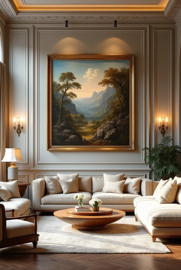 Beautiful classic design full size living room, and wall paper design with beautiful painting art square size