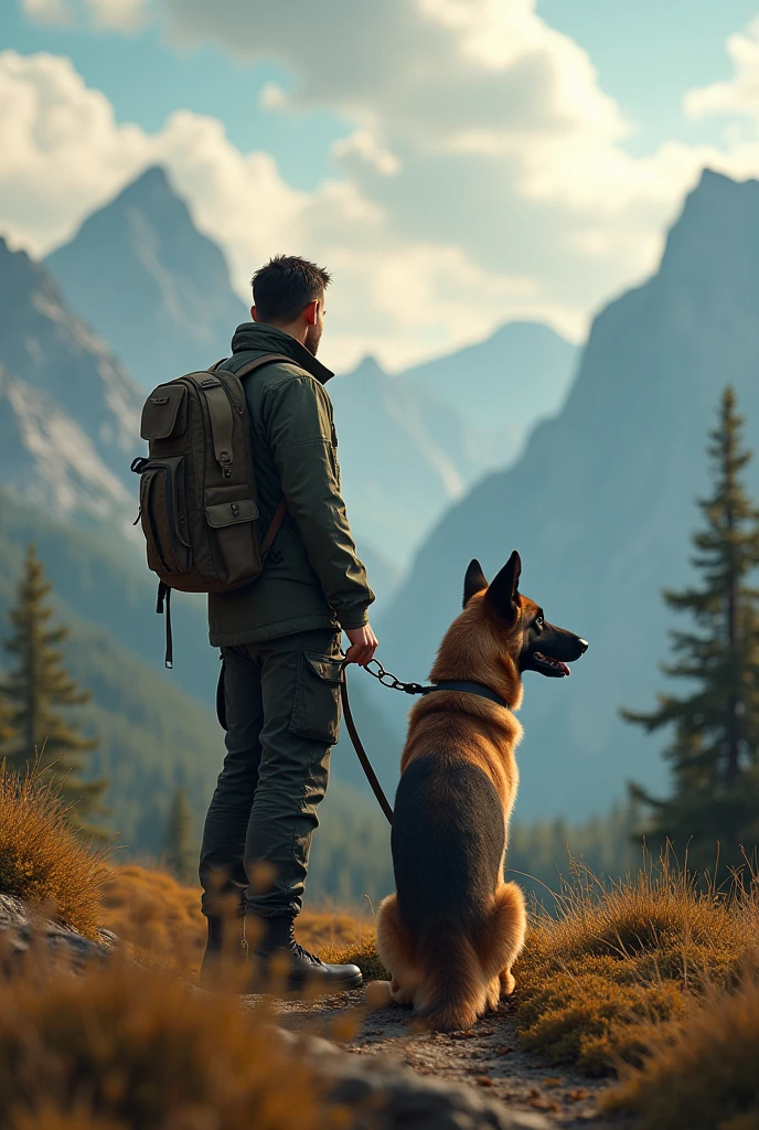 a German shepherd dog handler, a well-trained German shepherd dog, outdoor nature landscape, mountains, forest, realistic, photorealistic, 8k, high resolution, masterpiece, extremely detailed, cinematic lighting, dramatic shadows, vibrant colors, warm tones, beautiful sky with clouds, stunning scenery