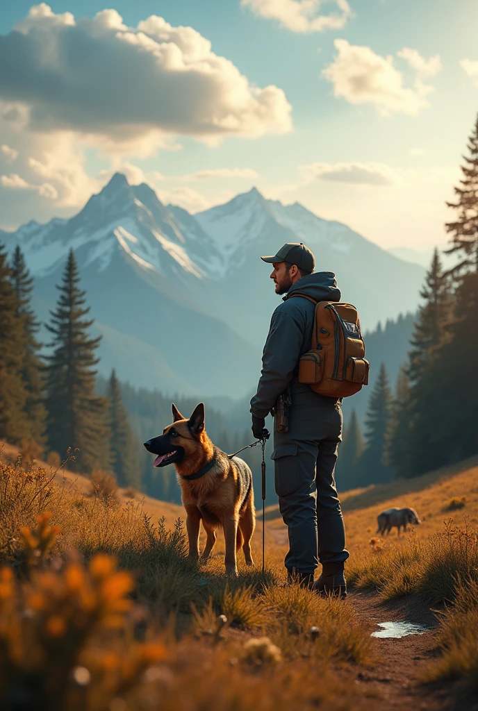 a German shepherd dog handler, a well-trained German shepherd dog, outdoor nature landscape, mountains, forest, realistic, photorealistic, 8k, high resolution, masterpiece, extremely detailed, cinematic lighting, dramatic shadows, vibrant colors, warm tones, beautiful sky with clouds, stunning scenery