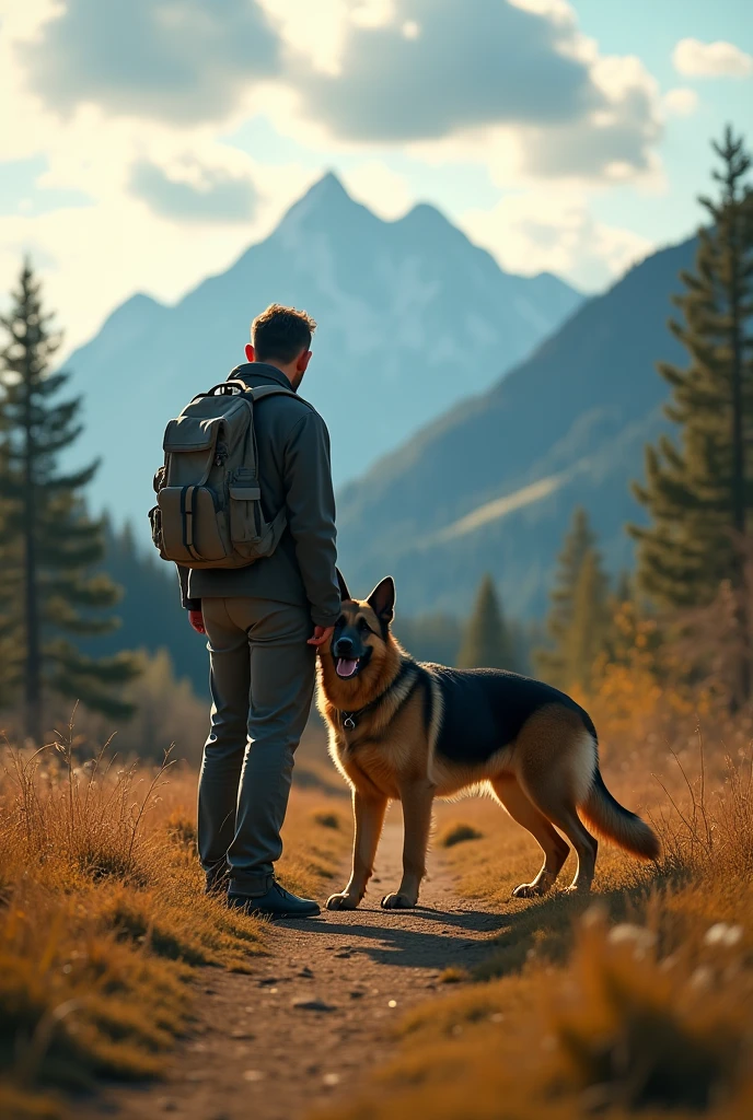 a German shepherd dog handler, a well-trained German shepherd dog, outdoor nature landscape, mountains, forest, realistic, photorealistic, 8k, high resolution, masterpiece, extremely detailed, cinematic lighting, dramatic shadows, vibrant colors, warm tones, beautiful sky with clouds, stunning scenery