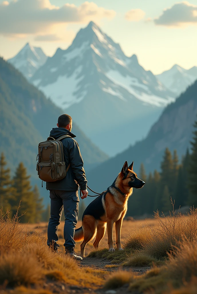 a German shepherd dog handler, a well-trained German shepherd dog, outdoor nature landscape, mountains, forest, realistic, photorealistic, 8k, high resolution, masterpiece, extremely detailed, cinematic lighting, dramatic shadows, vibrant colors, warm tones, beautiful sky with clouds, stunning scenery