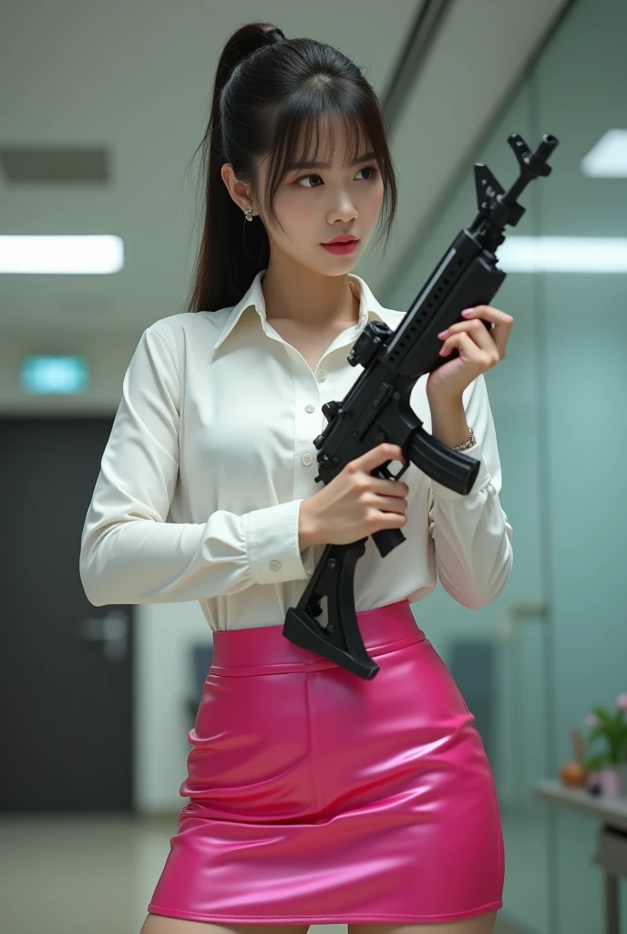 beautiful sweet office lady chinese white shirt shiny pink mini skirt standing legs spread hip shoulder firing rifle gun toting force grip aiming side target