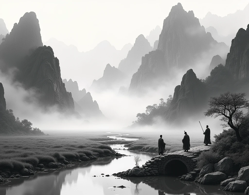 Chinese landscape painting,Ink画,Ink,Inky black,Soil,Vision,Ultra-wide viewing angle,meticulous,Ancient scholars climbing mountains,riverside,Small Stone Bridge,grassland,The tree,The scenery is mountains,(8k wallpaper),(Light and shadow effects),Octane Rendering,White balance design,高度detailed的图像描绘,Wide Angle,Depth of Field,masterpiece,Realistically,Beautifully depicted,detailed,Acura,masterpiece,masterpiece