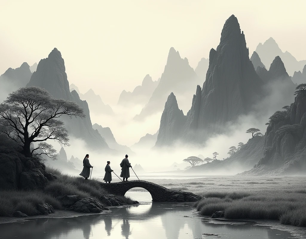 Chinese landscape painting,Ink画,Ink,Inky black,Soil,Vision,Ultra-wide viewing angle,meticulous,Ancient scholars climbing mountains,riverside,Small Stone Bridge,grassland,The tree,The scenery is mountains,(8k wallpaper),(Light and shadow effects),Octane Rendering,White balance design,高度detailed的图像描绘,Wide Angle,Depth of Field,masterpiece,Realistically,Beautifully depicted,detailed,Acura,masterpiece,masterpiece