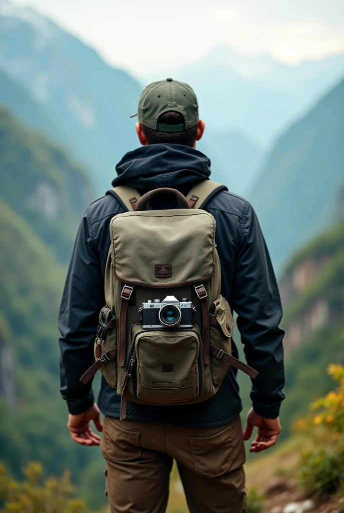 from behind backpacker with camera wearing cap and black cloth
