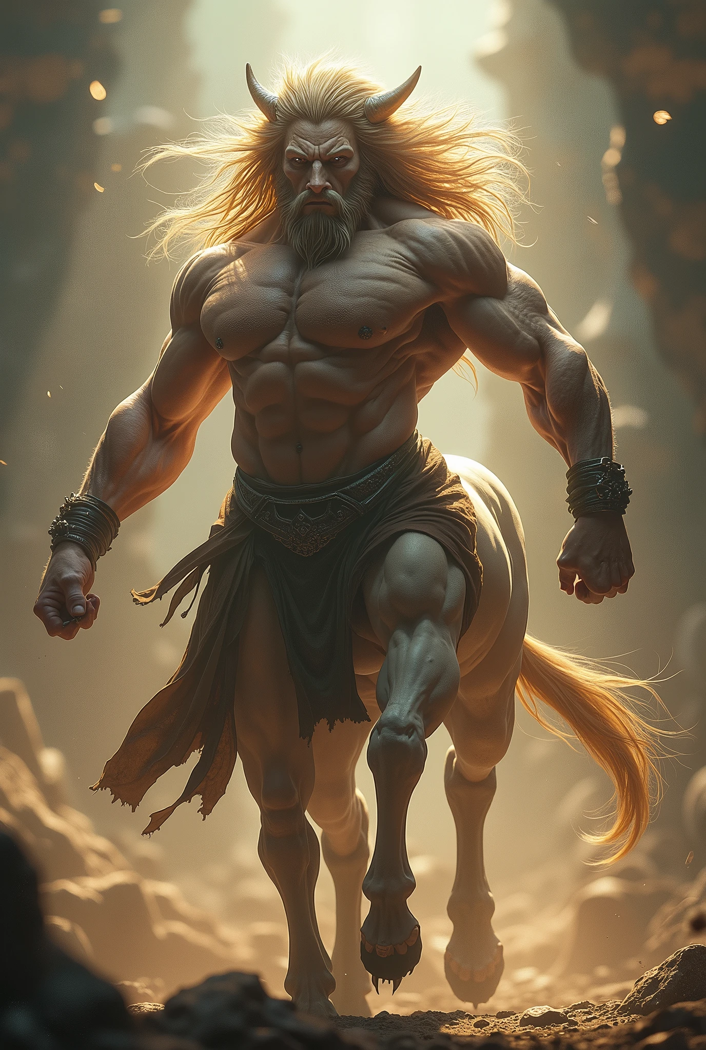 Intricately detailed muscular male centaur, One Male Centaur, Strong heroic pose, A look of fierce determination, sharp keen eyes, Chiseled facial features, Long flowing hair, Dynamic action scenes, Majestic mythical creatures, Dramatic lighting, Fantasy art style, Cinematic構図, Bright colors, Dramatic Shadows, (Highest quality:1.2, Very detailed, Photorealistic, Attention to detail, Ultra-high resolution, masterpiece:1.2), Cinematic写真, Complex background, Cinematic, Backlight, Film Grain,