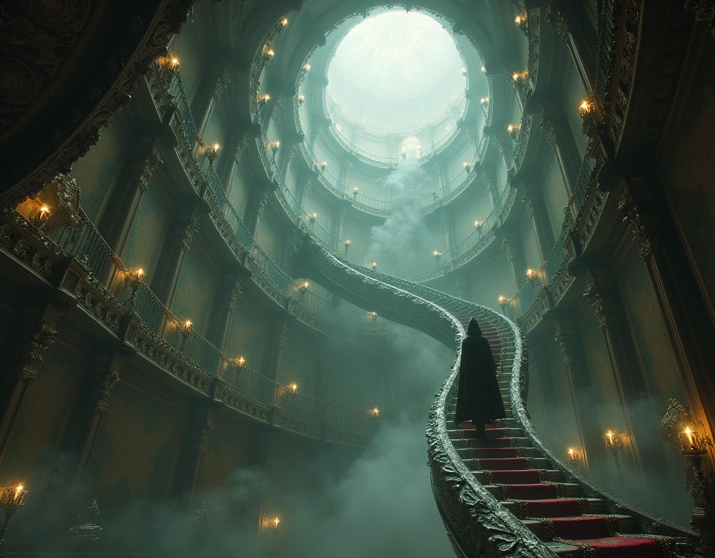 Gigantesque manoir labyrinthe sens dessus dessous, defying the laws of physics, and destroying the sense of gravity, personnage pouvant marcher sur les mur sans tomber, character who can walk on ceilings without falling, defying the sense of earth&#39;s gravity.