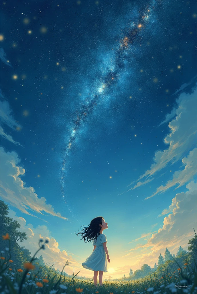 A young Asian girl with dark wavy hair, looking up at the sky where the universe can be seen