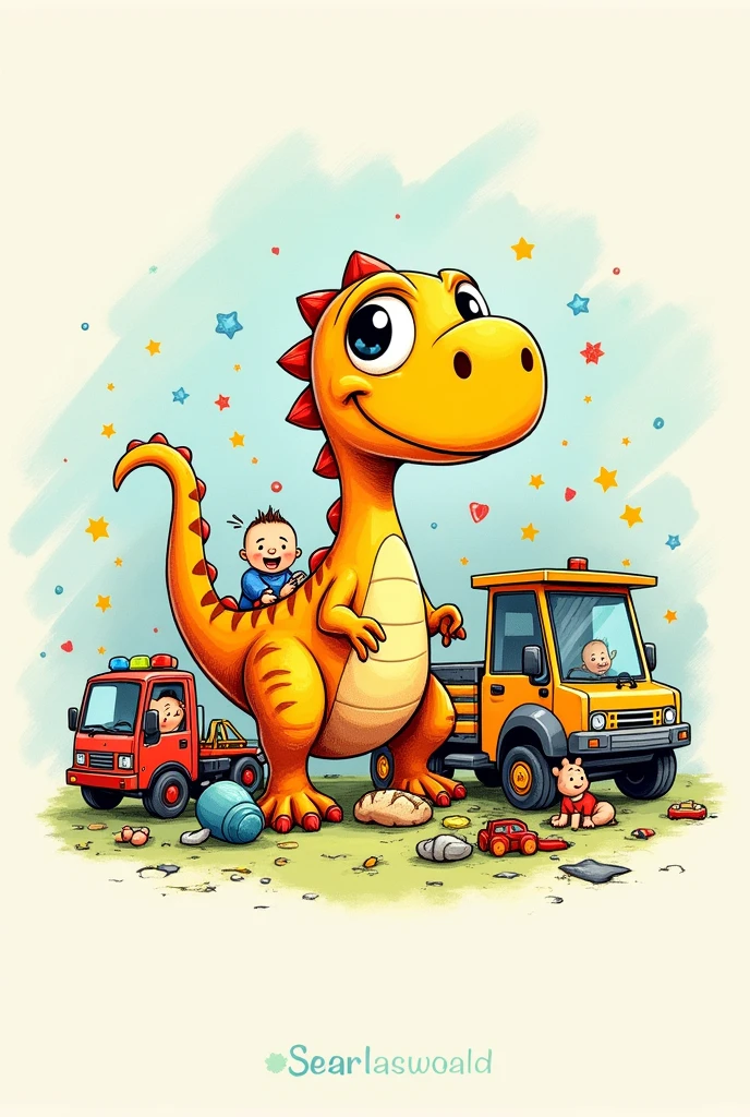 Logo name seanlooks, pastel background, drawing crayons, dinosour, vehicles, stars, baby, kids, toys, apparels