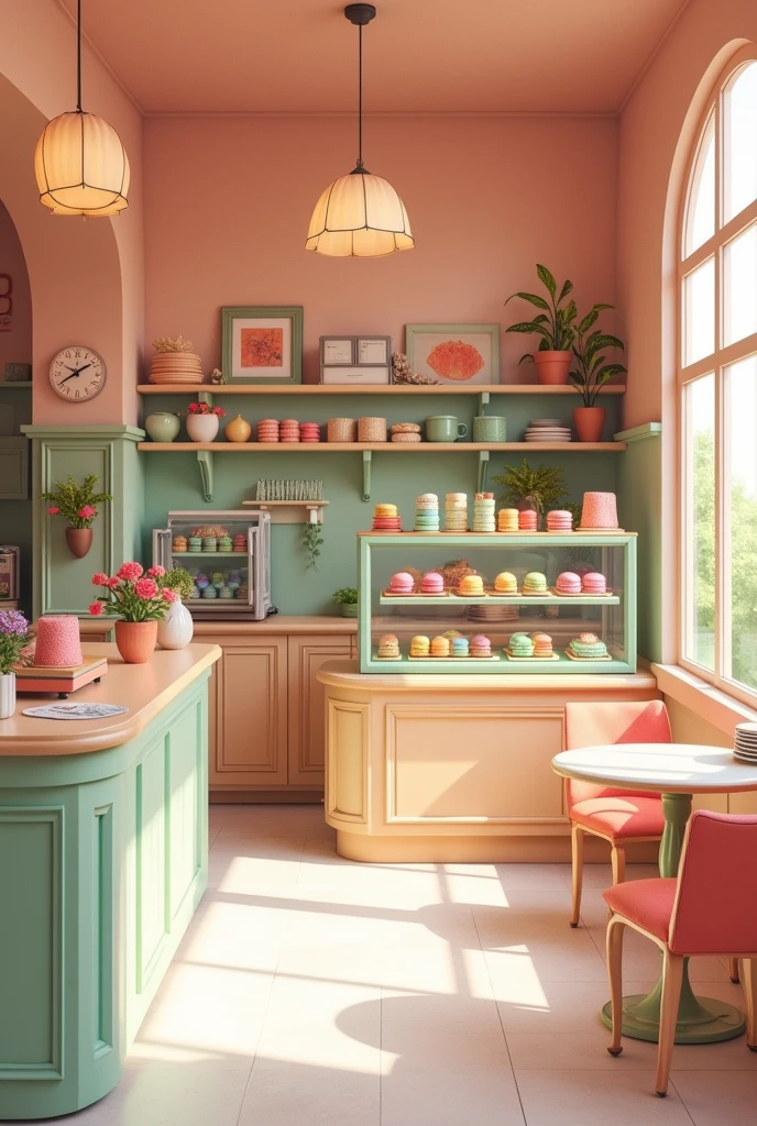 The interior of the cute macaron shop, simple, pink orange green tone, using wood material, glass cake display cabinet, The store must be super big.