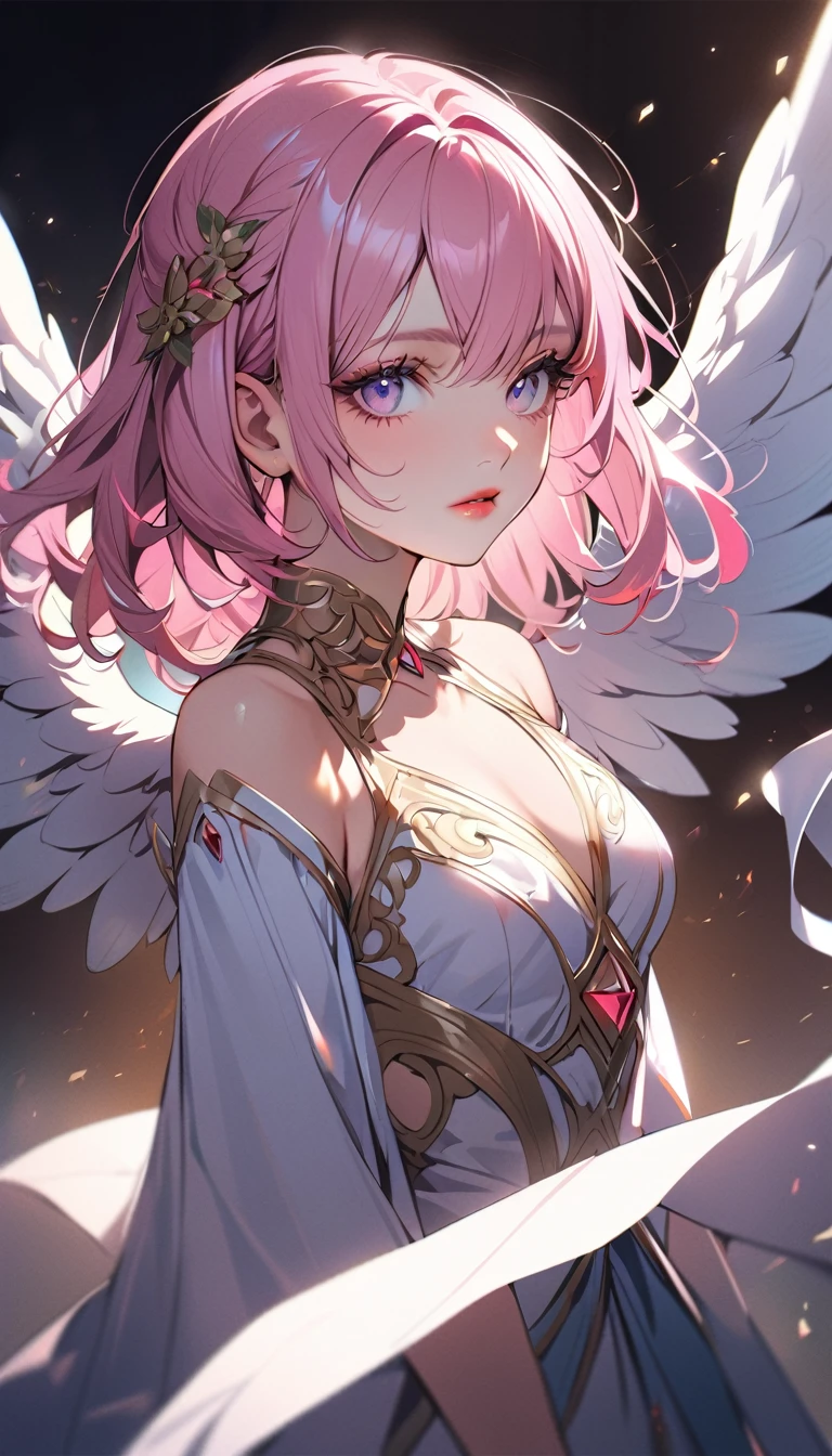 1woman, solo, pink hair, gray eyes, detailed eyes, eyelashes, light lips, 25years old, angel, Angel Wings, full dress, Film Lighting