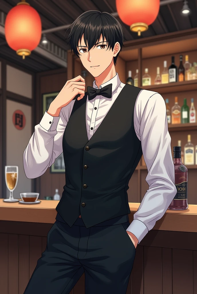 anime boy, bartender, happy expression, holding glass, smiling, dark blue hair, blue eyes, white shirt, black waistcoat (beautiful and aesthetic:1. 5), thick black lineart, clean lineart, perfect lineart, variable lineart, clean anime outlines, intense line art, bold lineart, sharp lineart, best quality, high quality, best quality, ultra-detailed, colourful, saturated colours, dynamic lighting, HD,