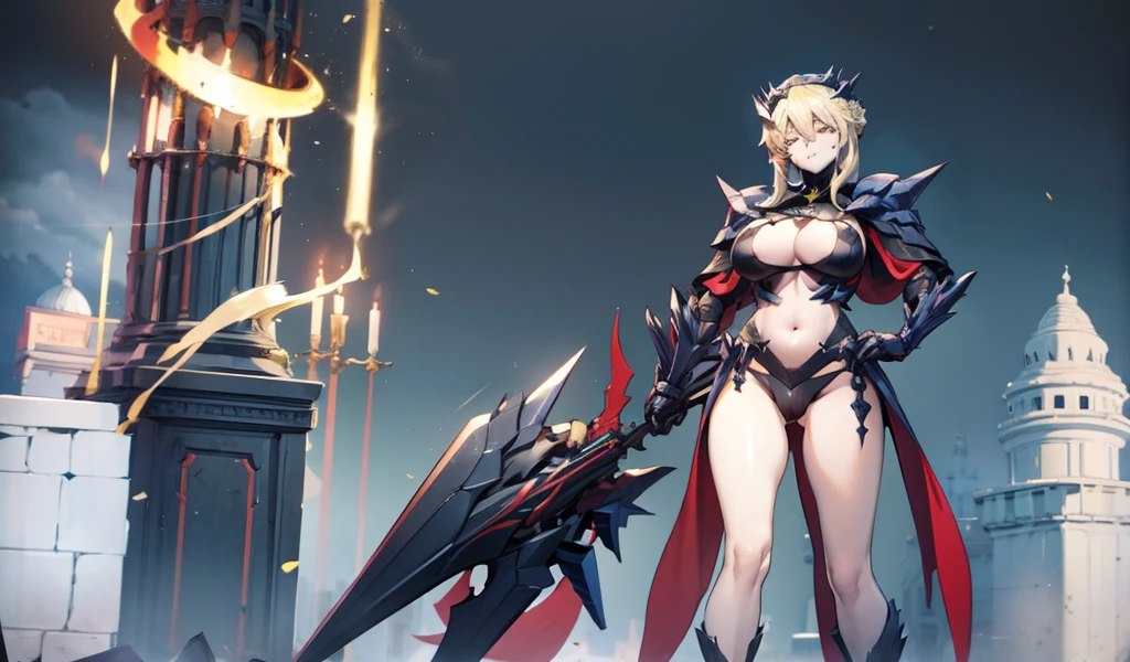 Blonde beauty,,cleavk knight armor,crown,Black swimsuit,Bare waist,Bare Legs,Standing,castle,Jifa style,