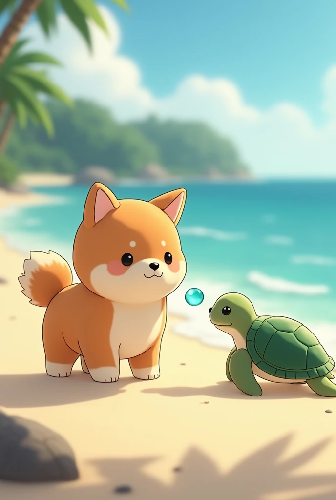 Masterpiece,Stuffed toy Shiba Inu、Anime Style、Perfectly round、Walking on the sandy beach、￼Met a sea turtle￼、A sea turtle gave me a glass stone