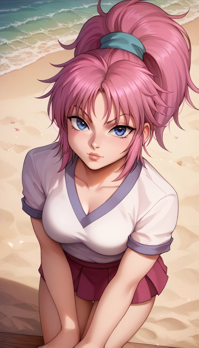 score_9, score_8_up, score_7_up, detailed eyes, beautiful, detailed background, face focus, masterpiece, best quality, looking at viewer, machi01, blue eyes, ponytail, pink hair, purple hair,ponytail, hot mini skirt, hourglass figure, perfect body, tits, from above, on beach, horny face, 