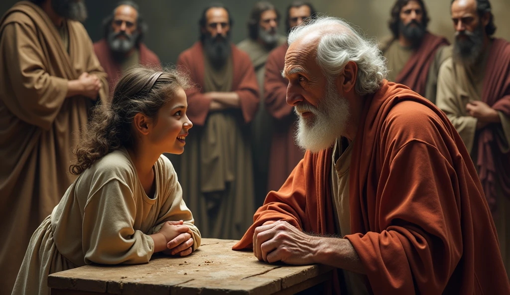 Old man talking with young daughter, Biblical characters from the New Testament of the Bible,