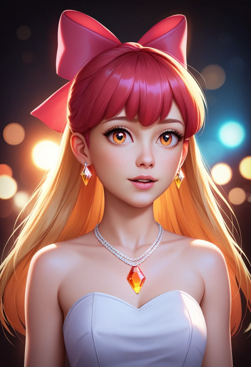 masterpiece, highest quality, tart 、Blonde,shape,, Platinum Earrings, Platinum Necklace, White Dress, 1 girl, cute, (Dynamic Lighting:1.2), Cinema Lighting, Delicate features, Fine Eyes, Sharp pupils, Realistic student, Depth of written border, Bokeh, Sharp focus, (Very detailed, bloom, Shine:1.4), Lots of little gems