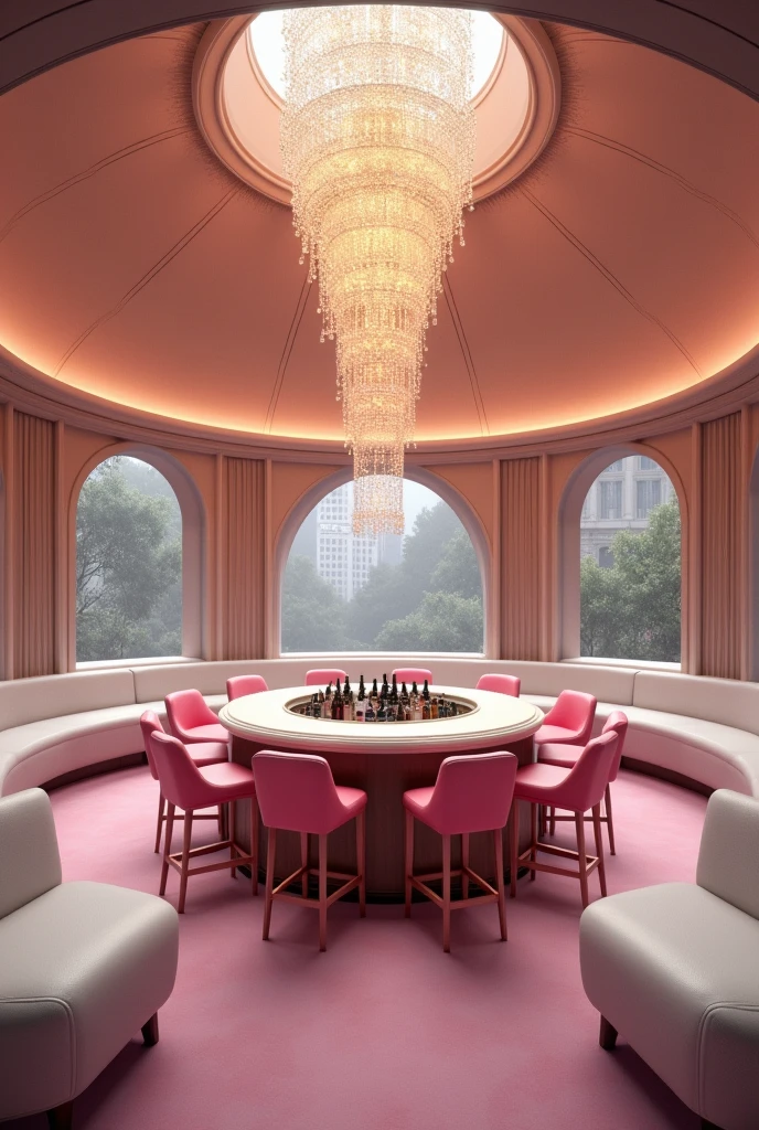 a cozy bar with a distinctive domed ceiling and a circular counter with bar chairs in pink color, and a set of sofa of white color with tables and a long big chandelier