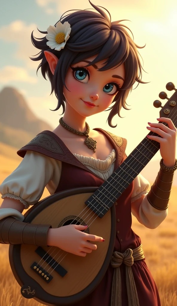 Halfling female from baldur's gate, 2, best quality, ultra-detailed CG unity 8k wallpaper,   playing a lute, high resolution, dynamic pose, beautiful face, (medieval bardic attire,white flower, hair ornament, blue eyes), depth of field, sunny plains, magic light), flirtatious smile, (high fantasy) (Maroon and black Hair, pixie cut hair)