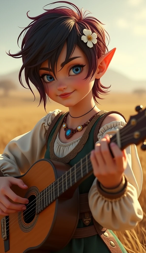 Halfling female from baldur's gate, 2, best quality, ultra-detailed CG unity 8k wallpaper,   playing a lute, high resolution, dynamic pose, beautiful face, (medieval bardic attire,white flower, hair ornament, blue eyes), depth of field, sunny plains, magic light), flirtatious smile, (high fantasy) (Maroon and black Hair, pixie cut hair)
