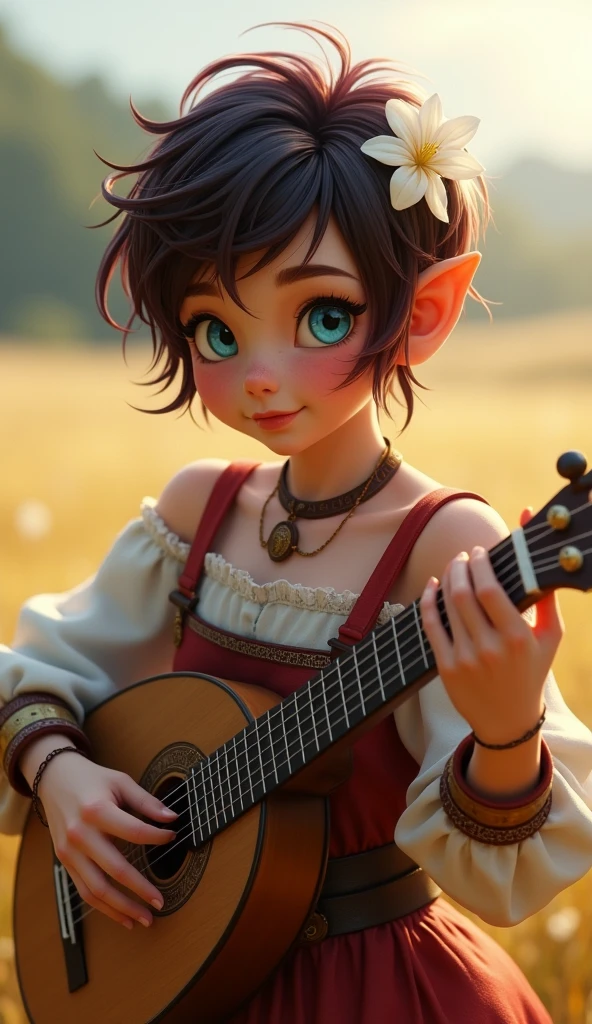 Halfling female from baldur's gate, 2, best quality, ultra-detailed CG unity 8k wallpaper,   playing a lute, high resolution, dynamic pose, beautiful face, (medieval bardic attire,white flower, hair ornament, blue eyes), depth of field, sunny plains, magic light), flirtatious smile, (high fantasy) (Maroon and black Hair, pixie cut hair)