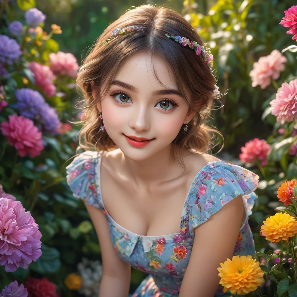 from above, grace victoria cox a beautiful young girl in a flowery garden, 3 cute girls hugging, lifting skirts, smiling, playful, cute, adorable, beautiful detailed eyes, beautiful detailed lips, extremely detailed eyes and face, long eyelashes, colorful floral garden, vibrant colors, soft lighting, (best quality,4k,8k,highres,masterpiece:1.2),ultra-detailed,(realistic,photorealistic,photo-realistic:1.37),HDR,UHD,studio lighting,ultra-fine painting,sharp focus,physically-based rendering,extreme detail description,professional,vivid colors,bokeh,portraits,fantasy,cute cleavage