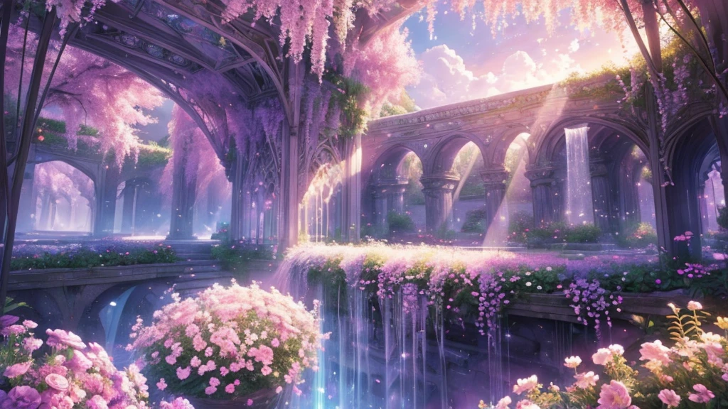 (masterpiece)),((Highest quality)),((High Detail)),nobody,background, fantasy, Crystal Bridge, Floating light, World of pastel colors, Colorful flowers, Delicate decorative carvings, Light purple sky