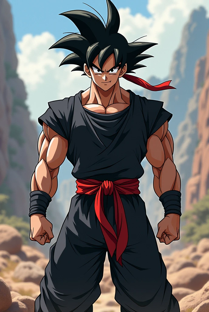 Goku in a black combat suit and a red ribbon and has a smile and has combat pants