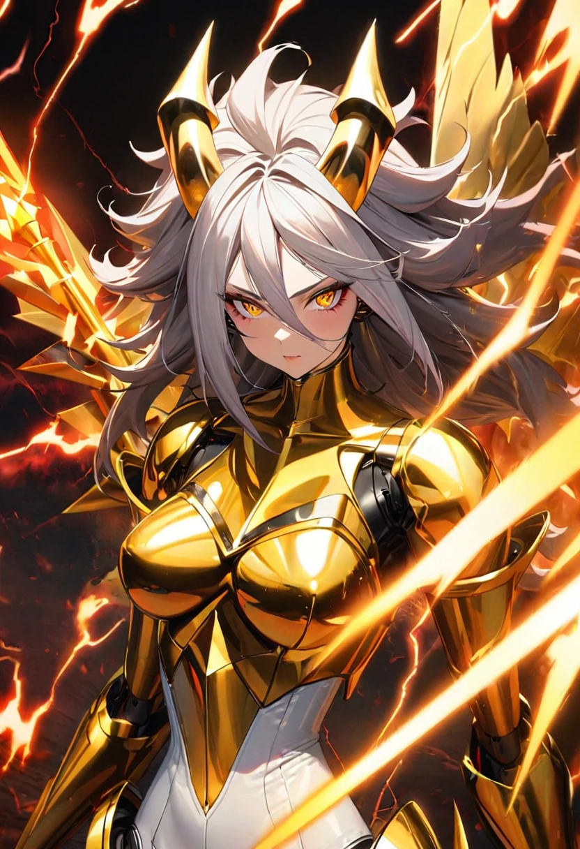 (((Golden Spear))), ((Lightning Power)), ((Electricity)), ((Fire Background)), (((android 21 Evil))), (((white Coat))), (((Darkness power))), (((Busty))), luxury bustier corset, ((silver hair)), (((Very slim waist))), propotional body, ((Gorgeous)), ((gold wings)), masterpiece, hyperdetail, ambient effect, digital effect, (((Fire Spear))), (((Lightning Spear))), (((Fire Gold Armor))), ((Lightning Gold Wings)), ((Fire Demon Horns))