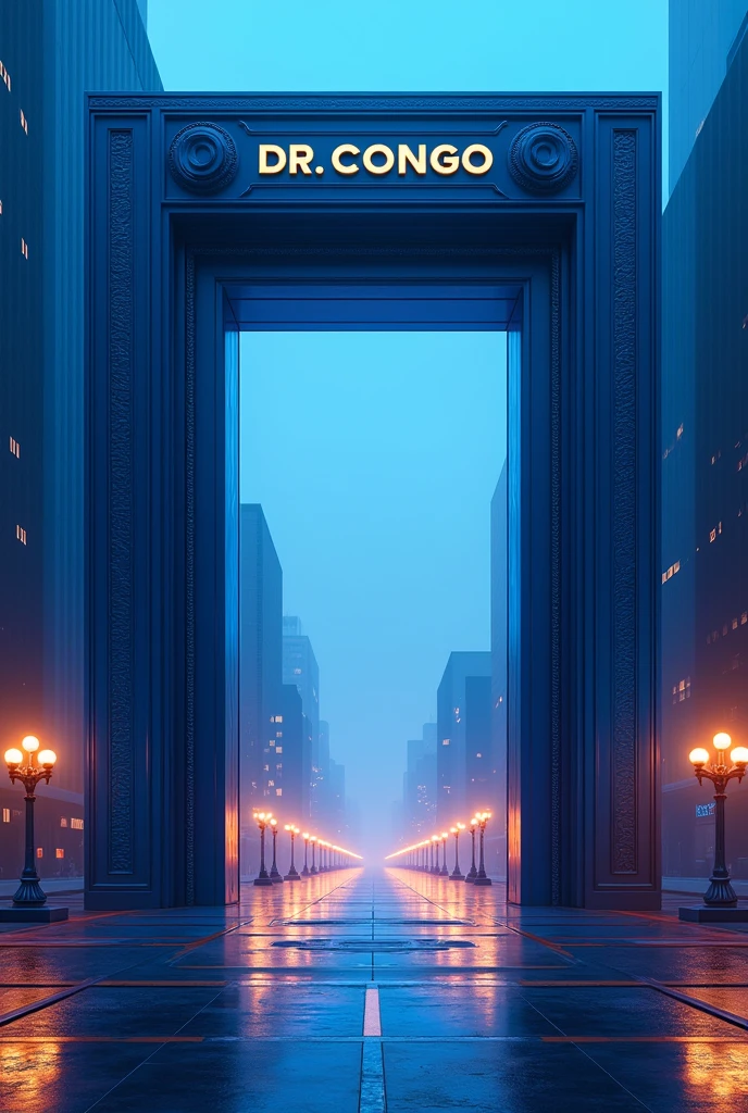 Une grande porte carrée futuriste ouvrant à une ville avec emblème de Kinshasa, porte peinte en bleu, avec une mention DR Congo, boulevard au milieu, avec des éclairages public des côtés 