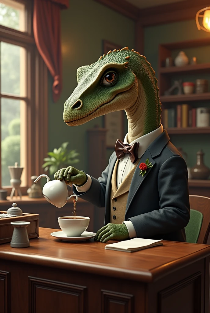 Elderly dinosaur wearing a bow tie and long sleeves、A dinosaur elegantly brewing coffee in a classical cafe、By drip
、Over the counter