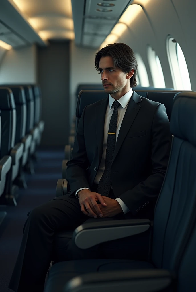 A man with black suit on tha plane with long hair and blue eyes