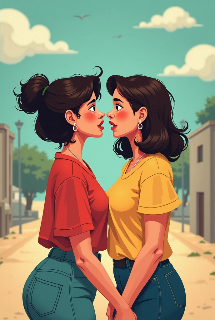 two woman trying to love each other but the distance and problems of life are making them apart. cartoon type design, distance seen in the image