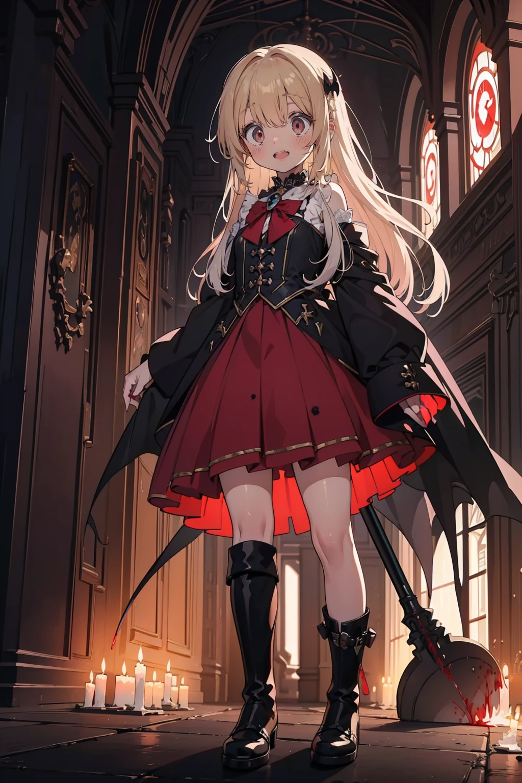 shaded face　、Holding a weapon、Looking at the viewers with a frightening expression、beautiful girl、とてもcute天使、Pink Gothic Fashion、cute、、smile、Long skirt、Black long boots、.(Highest quality,4K,High resolution,masterpiece:1.2),Very detailed,Realistic:1.37,Spooky altar background,Dark fantasy,Red color scheme,Ominous atmosphere,Eye-catching,Storytelling,anatomy,Anime Style,Concept Art,beautiful細部までこだわった顔と (((Red eyes ))),A terrifying ritual ,Satanic Ritual,Premature death,inappropriate behavior,クレイジーなsmile,Scythe Face,Girl Monster, beautiful, Delicate facial features, Sharp Eye, Sharp Fangs, pale skin, Dark Background, Cinema Lighting, Dramatic Shadows, Gothic style, Gloomy atmosphere, Dark fantasy, one person&#39;s, Please open your mouth wide, Open your mouth and baring your teeth,Sharp teeth like a beast, Wide lips, very wide mouth, Vermilion cheeks, ,(Blood splatter:1.4),Scary smile, smile,Angel Design, Twisted smile、Bloody、bleeding from the head,,,,,、Blood splatter、,(Blood splatter:1.4),skull,Demon Spear,Horror Style, ((Fantasy Sweet Ta Frill Pink Costume)), ((Flowing blonde hair)), ,(Blood splatter:1.4),Female curves, Sexy flat stomach, Perfect hands, Perfect anime face, (Pink Tata Dress)), Are standing, ((邪悪なsmile)), ,(Blood splatter:1.4), Steam circulates, Moonlight Illumination, night lighting, (Blood splatter:1.6),アニメAngel Design, Twisted smile、Bloody、bleeding from the head,,,,,、Blood splatter、,(Blood splatter:1.4), skull,Gothic architecture、Western architecture、Fantasy World、,Victorian cities, Skeleton Gas Light,Absurd, High resolution、 ((Tabletop)), ((Highest quality)), (Very detailedな), ((Very detailed)), (beautiful), ((cute)), (NFSW:1.8), alone,(:1.6)、(world&#39;The most terrifying and creepy demon girl:1.5)beautiful face、Whole Body Ezbian、pale, beautiful肌、beautiful金の髪、優しくsmileむ、Dark building ruins、(snow white&#39;Frill dress:1.3)、(The dark ruins are stained with blood:1.3)、Low angle full body shot、(少女は血の海の中にAre standing:1.5)、(The ground is full of blood:1.3)、(The girl lost a lot of blood....:1.3)、(クレイジーなsmile:1.6)、Spirits、(Blood dripping from the mouth:1.3)、
