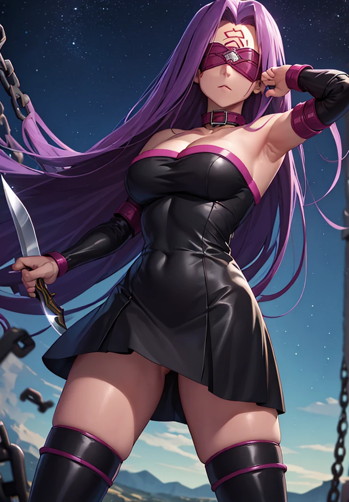 score_9, score_8_up, score_7_up, source_anime, medusarider, medusa rider, long hair, very long hair, purple hair, facial mark, forehead mark, thighhighs, dress, cleavage, bare shoulders, detached sleeves, black dress, collar, strapless, strapless dress, blindfold, outdoors, night, night sky, moon, clouds, looking at viewer, cowboy shot, dutch angle, fighting stance, weapon, chain, knife,