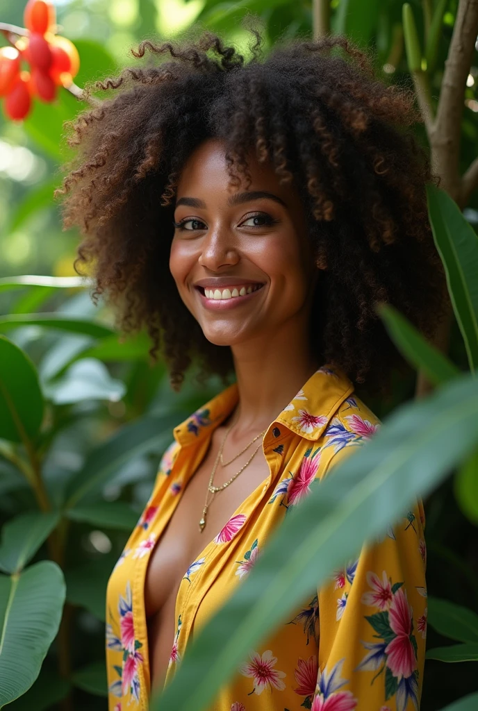 A Brazilian woman in a lush tropical garden, wearing an open shirt with a floral print, with a close-up capturing the harmonious beauty between her breasts and the natural flowers, showing off your natural charm and outgoing personality.