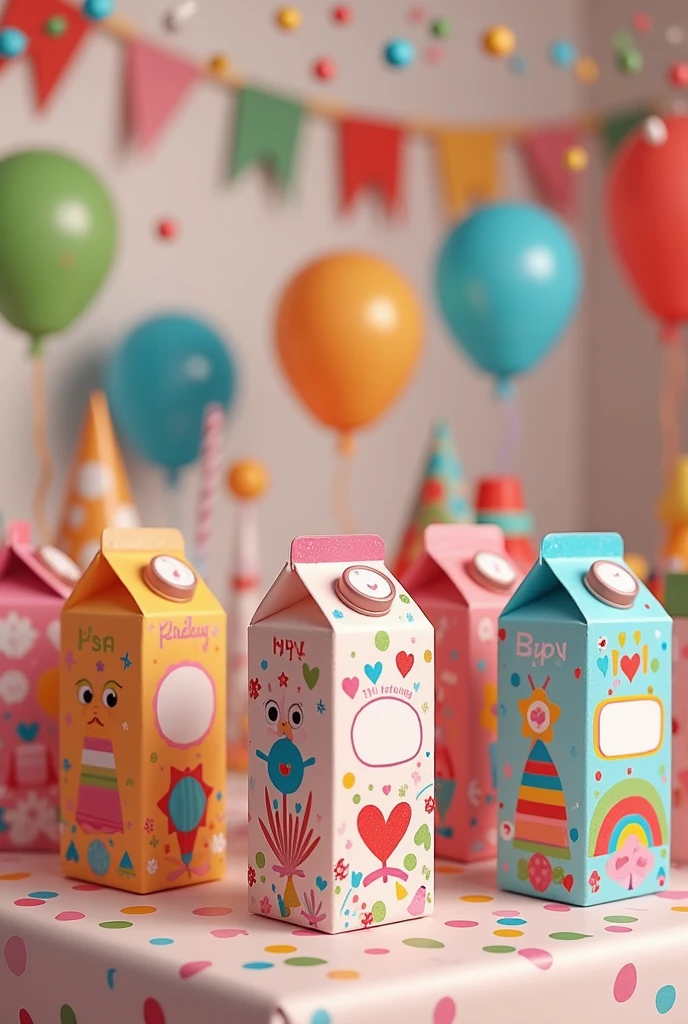 Design a playful and colorful scene featuring personalized Milk Boxes (Caixas Milk) for a child's birthday party. Each Milk Box should be uniquely decorated with vibrant colors, patterns, and themed elements such as balloons, confetti, or characters related to the party theme. The boxes should look festive and appealing, with details like custom labels or tags that showcase the personalization. The background can include party decorations like streamers, banners, or a party table setup to emphasize the celebration vibe."