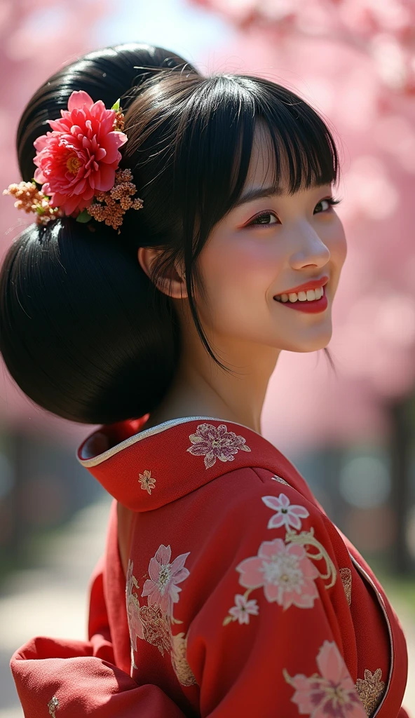   Masterpiece, Best Quality, High Resolution, High Details, Super Detailed, High Quality, Textured Skin, UHD, beautiful Japanese woman,((full body shot)),from head to toe,with a very big hair bun, the size of her bun is 8 times the size of her head,very big very big hair bun traditional Javanese hair bun,circle bun,shiny black hair,,wearing kimono,very big chest ,both hands holding a bun,sakura tree atmosphere,laugh, ((looking back over shoulder ))