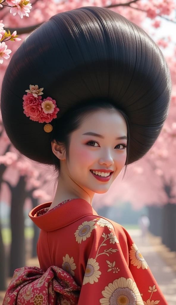 Masterpiece, Best Quality, High Resolution, High Details, Super Detailed, High Quality, Textured Skin, UHD, beautiful Japanese woman,((full body shot)),from head to toe,with a very big hair bun, the size of her bun is 8 times the size of her head,very big very big hair bun traditional Javanese hair bun,circle bun,shiny black hair,,wearing kimono,very big chest ,both hands holding a bun,sakura tree atmosphere,laugh, ((looking back over shoulder ))