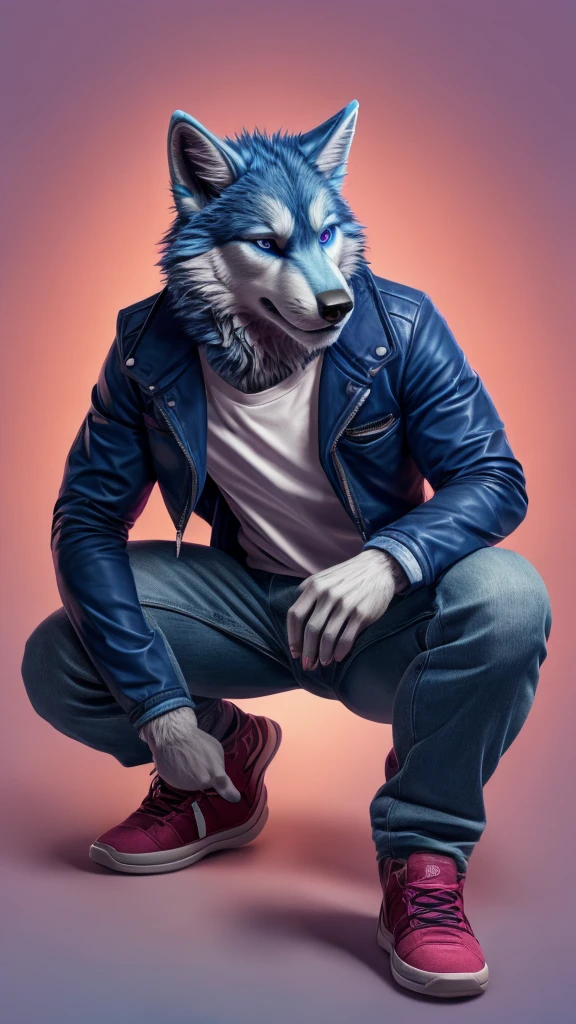 Furry male blue wolf crouching with legs spread, blue jeans and pink shirts, black jacket, pink blue gradient background, blue eyes