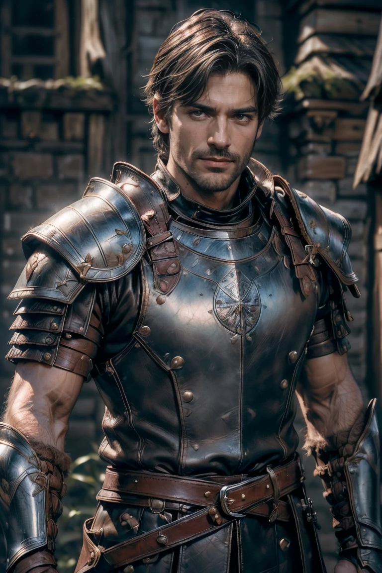 ((masterpiece, Highest quality, Best image quality, High resolution, Realistic, RAW Photos, 8k))、Medieval Europe、drifter、One Man、Middle-aged men、(Sharp eyes、Smirking face)、(Are thin、brown、Short Hair、Stubble:1.2)、(leather armor、Leather Belt、Familiar Sword:1.2)、(((looking at the camera、Upper Body Shot:1.2)))