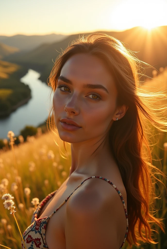 Aerial Photography，Big scene，Portrait of a lovely woman in a bright windy field, river, (Backlight), Practical, masterpiece, best quality, lens flare, In the shade, bloom, [[Chromatic Aberration]], author：Jeremy Lipking, author Antonio J. Manzanedo, number, Style-GlassFinal, Natural skin texture