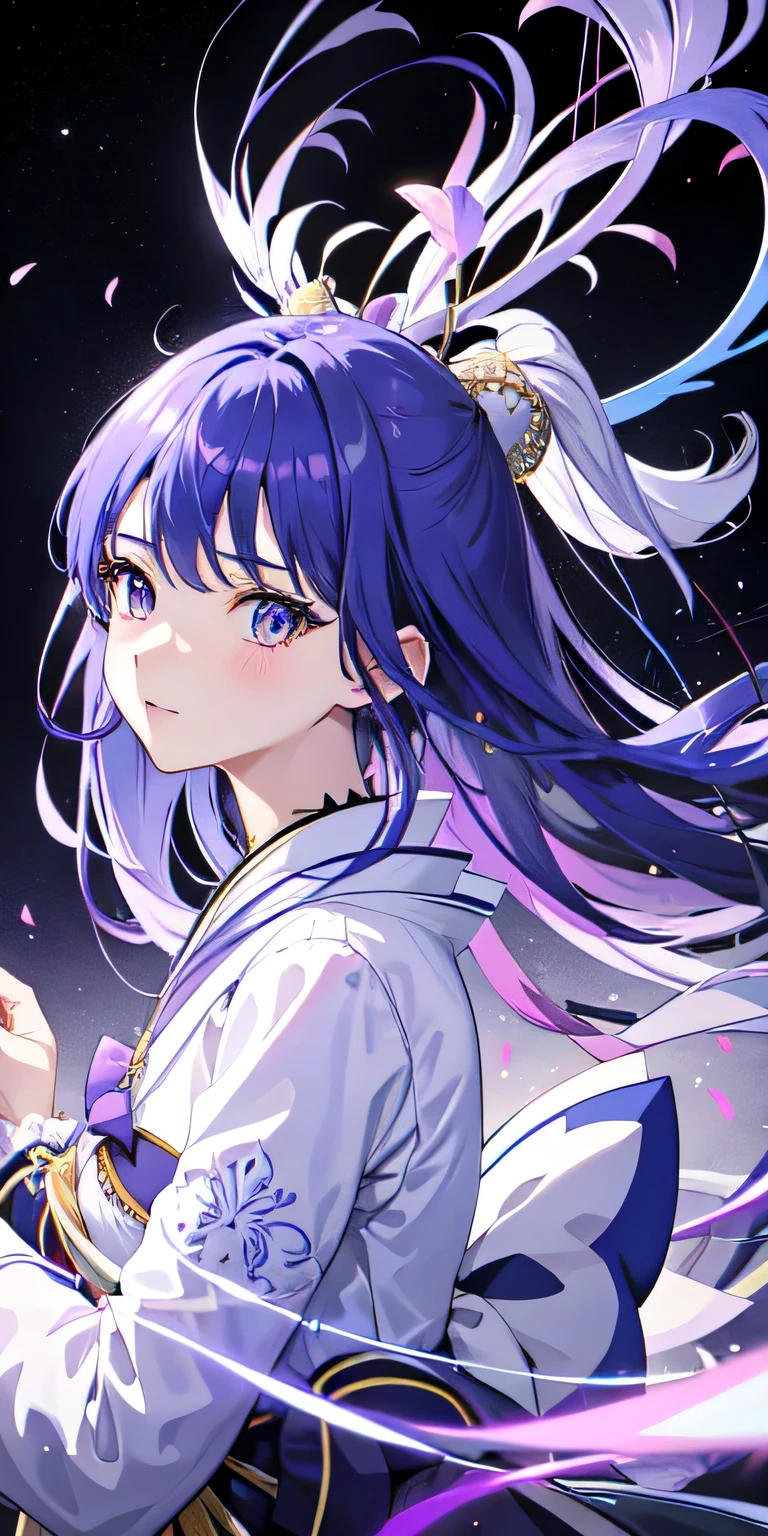 1fille, vêtements japonais, queue de cheval ,cheveux blancs, yeux violets, cercle magique, Feu bleu, flammes bleues, fond d'écran, paysage, sang, sang splatter, profondeur de champ, nuit, particules légères, Rayons de lumière, éclairage latéral, Cuisses, Destin \(série\), impact genshin, ****, veste ouverte, jupe, hauts de cuisse, nuage