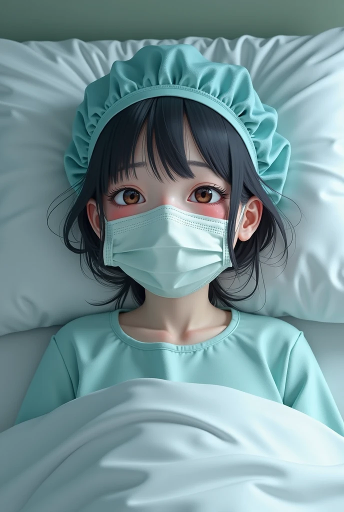 Photorealism of cute japanese girl wearing surgical mask, surgical cap and patient gown on bed, sneezing