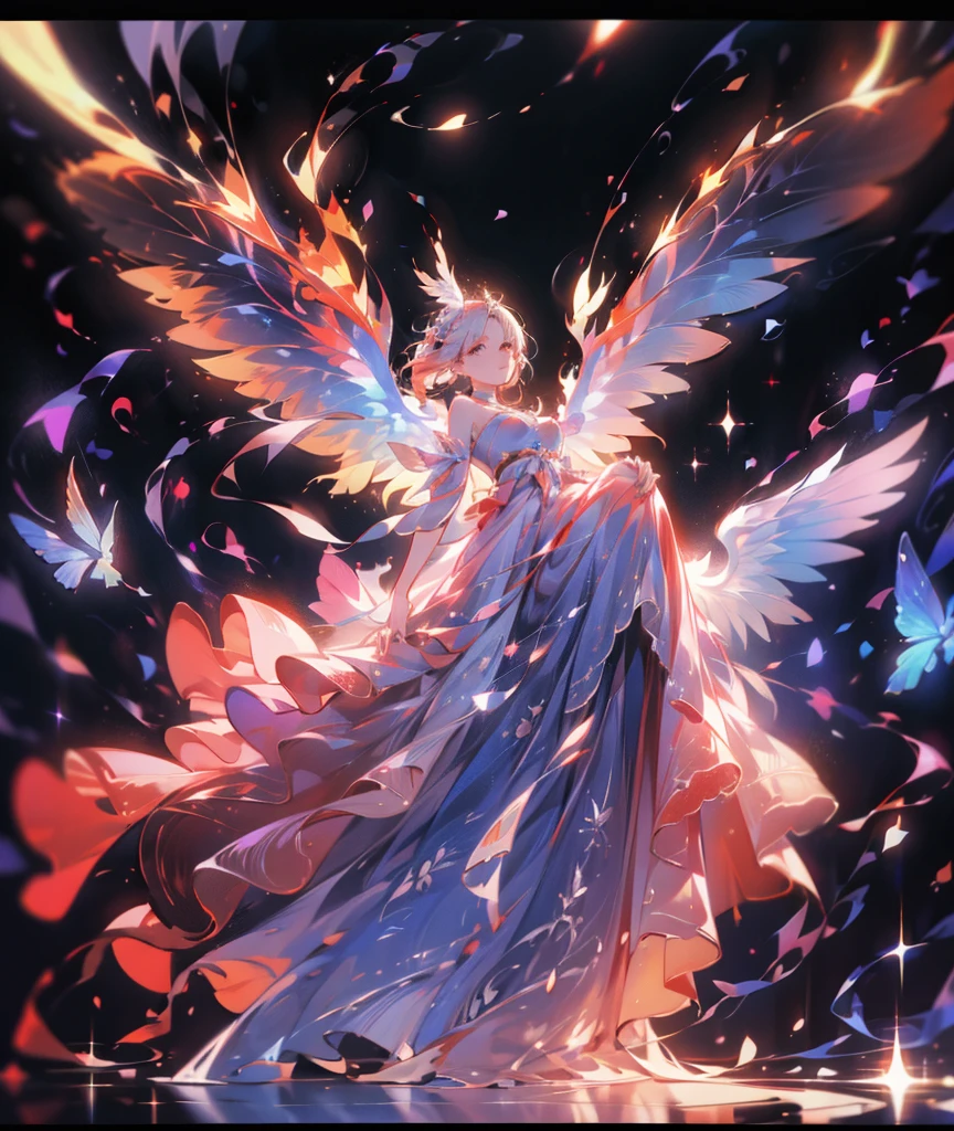 pale colour, ((Amazingly absurd)), 超High resolution, Attention to detail, high quality, High resolution, 最high quality, 4K, 8k, artwork, Great job!！,Interested、embroidery、Old tapestry、Phoenix、spread your wings and fly in the sky、It is characterized by its long tail feathers.、Expressed by the heat of the flames、Firebird